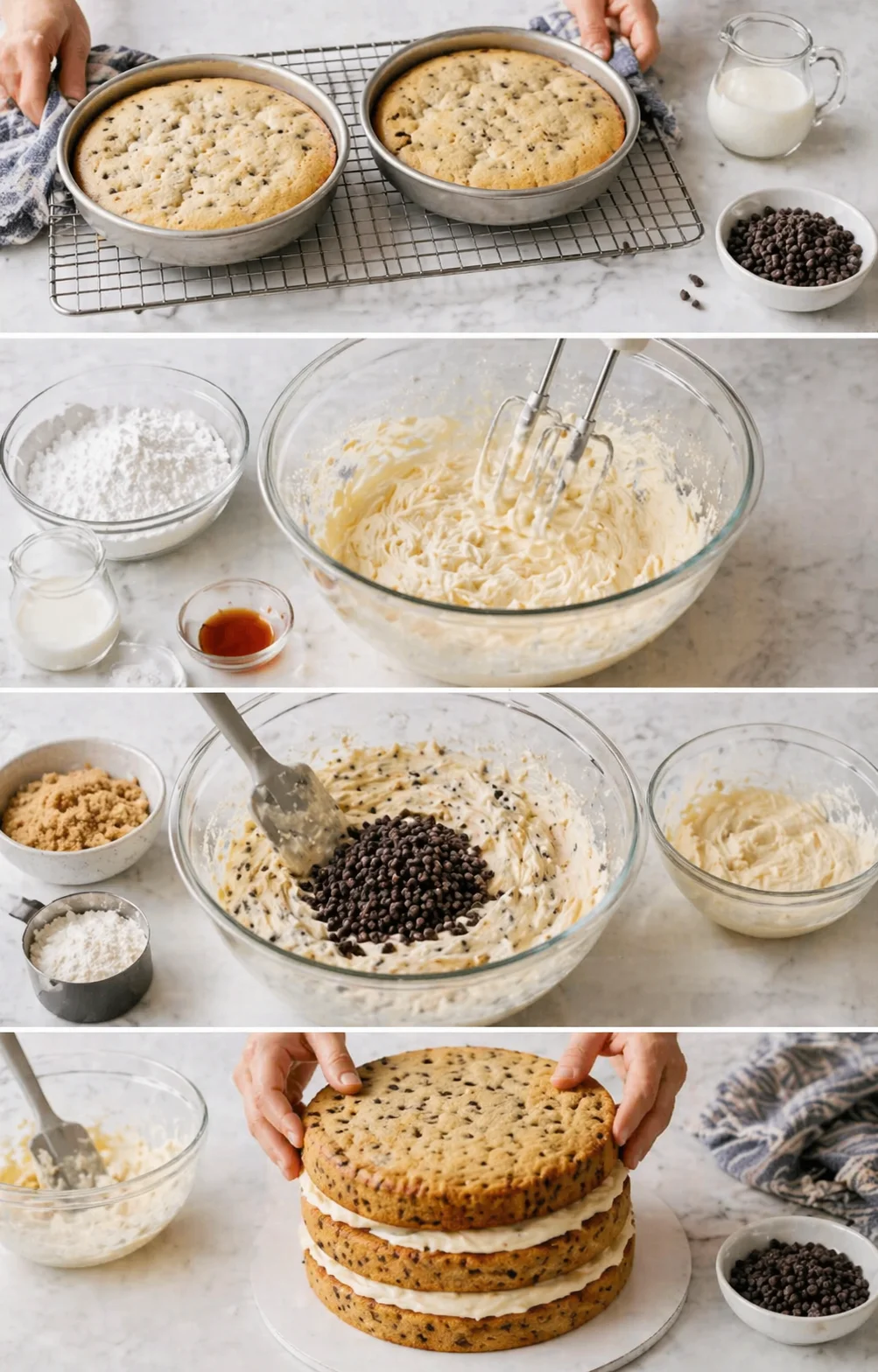 Collage showing baking rounds, whisking batter, folding chips, and stacking a chocolate chip cookie cake.