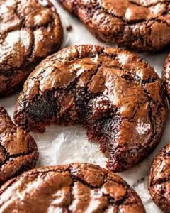 Close-up of cracked chocolate crinkle cookies with fudgy centers on parchment