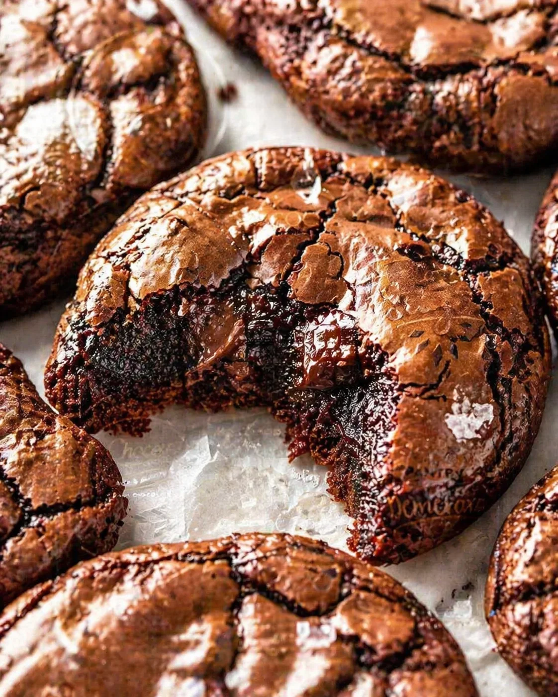 Close-up of cracked chocolate crinkle cookies with fudgy centers on parchment