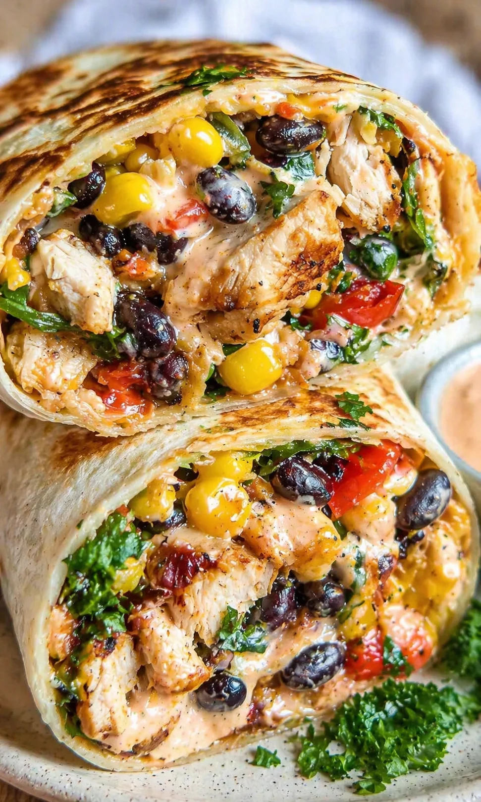Slice of grilled burrito filled with chicken, black beans, corn, tomatoes, and greens.