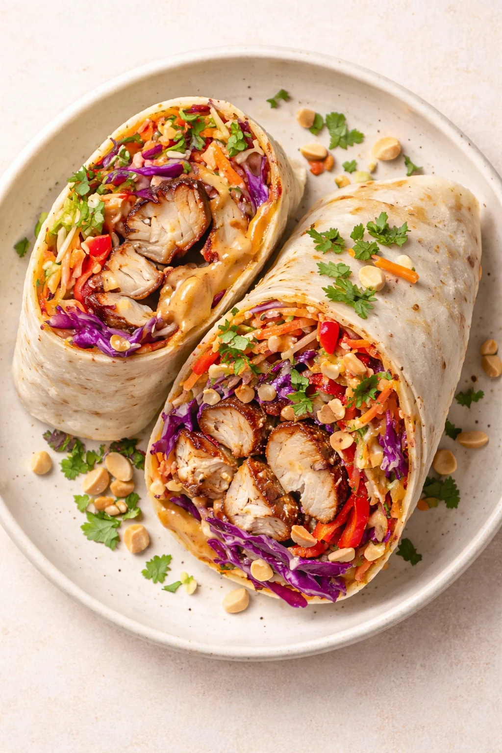 Two colorful chicken burritos on a speckled plate with cabbage, peppers, cilantro, and peanuts.