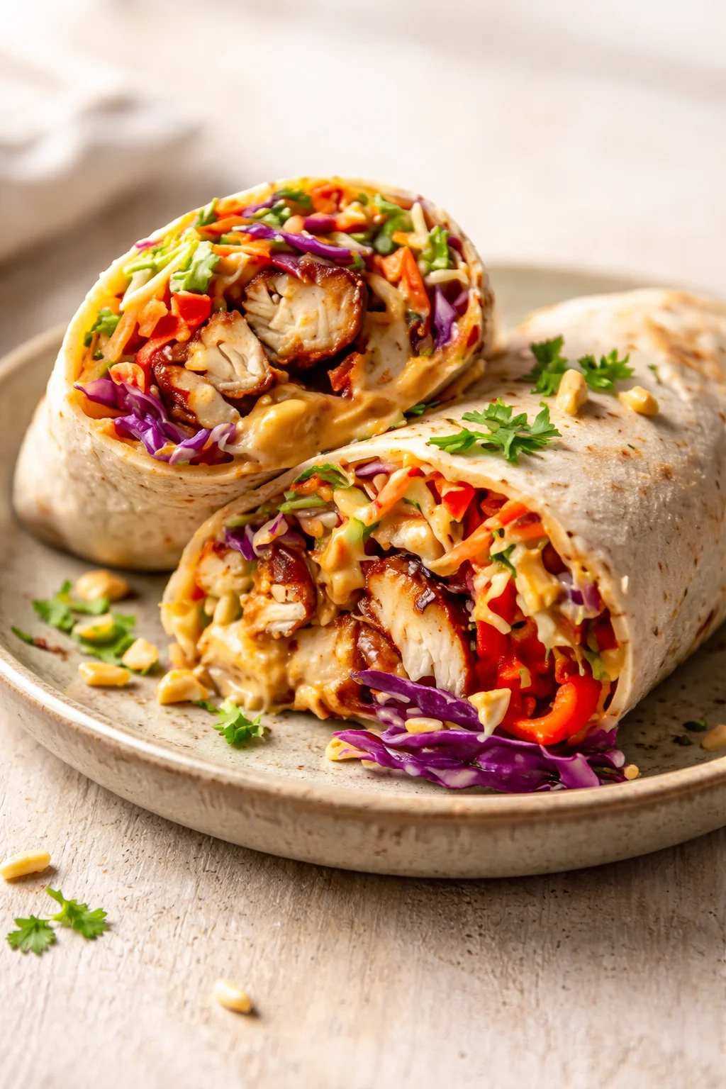 Two cut-open chicken veggie wraps on a beige plate with colorful fillings and peanuts