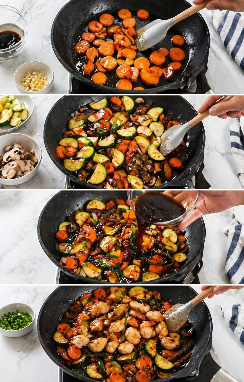 Four-panel collage showing carrot coins, zucchini, peppers, mushrooms, and chicken cooking in a glossy pan with a dark glaze.