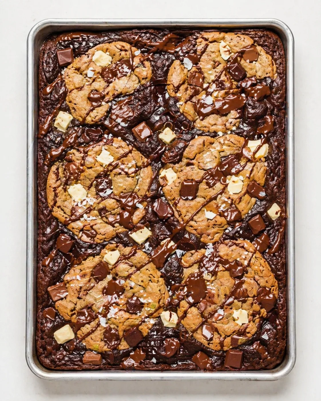 pan of cookie-brownie bars topped with white chocolate chunks and chocolate drizzle