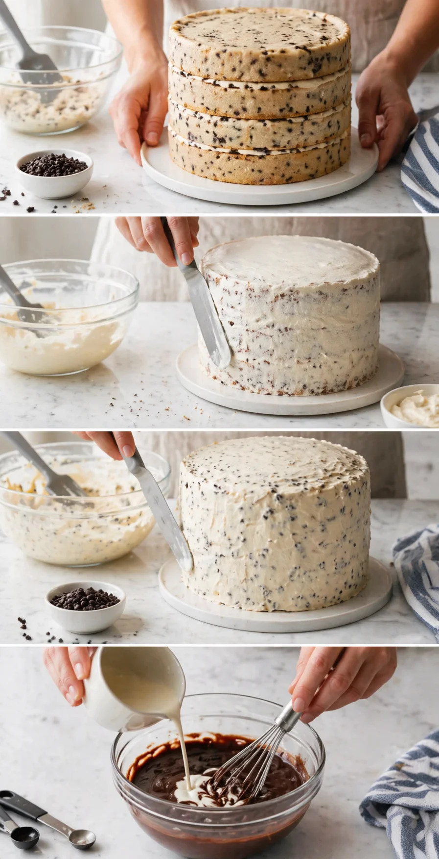 Four-panel collage showing cookies-and-cream cake being layered, frosted, and glazed.