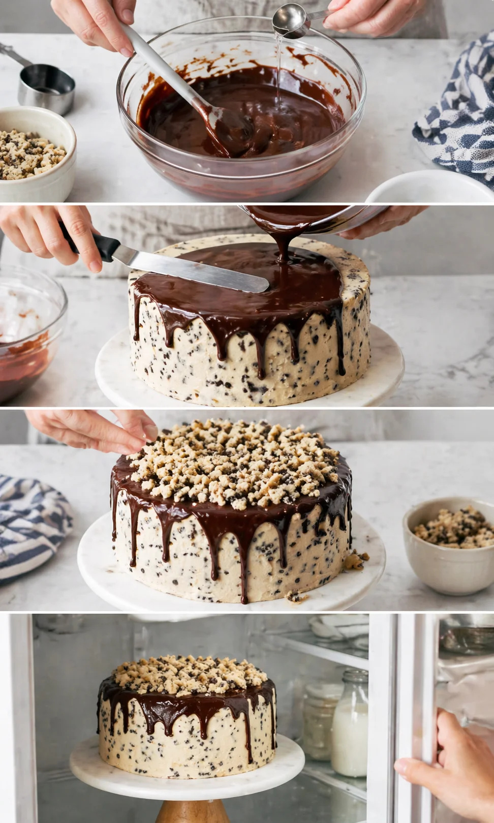 Step-by-step collage showing a cookies-and-cream chocolate drip cheesecake being prepared.