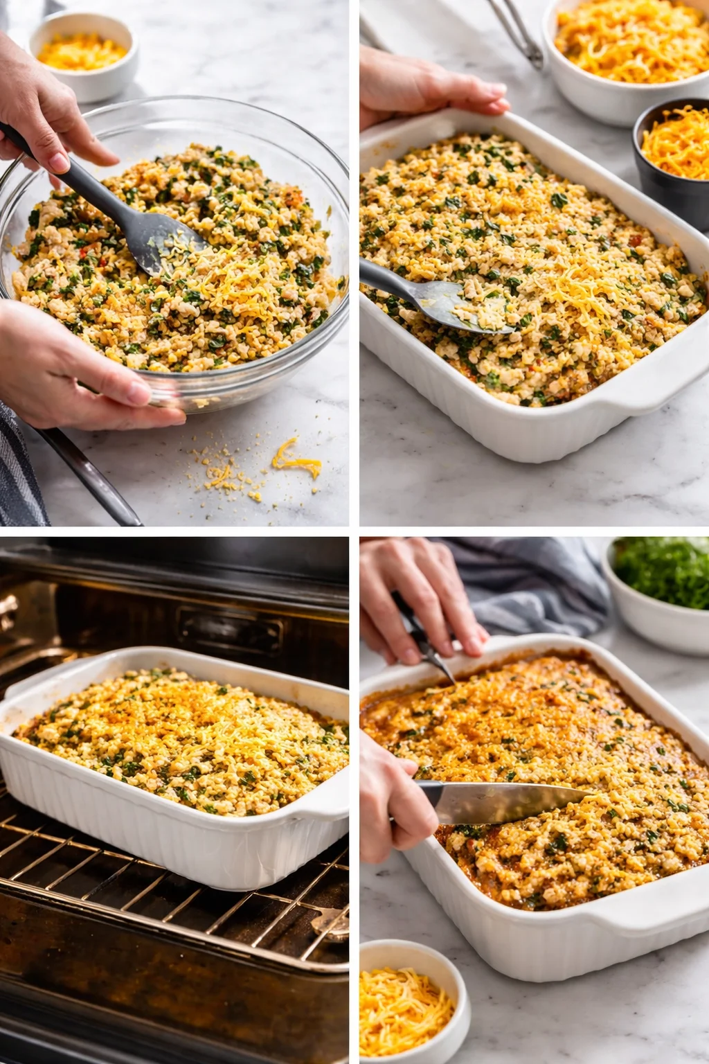 collage shows hands mixing cornbread stuffing, then baking in a white casserole on a marble counter