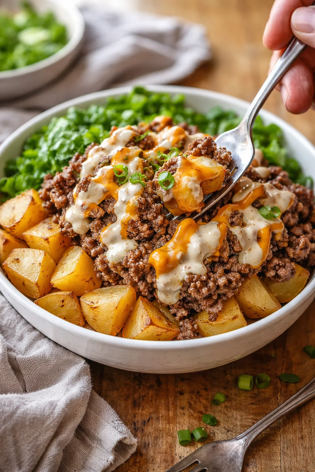 white bowl of roasted potato chunks and ground beef, drizzled with creamy white and orange sauces, topped with green onions