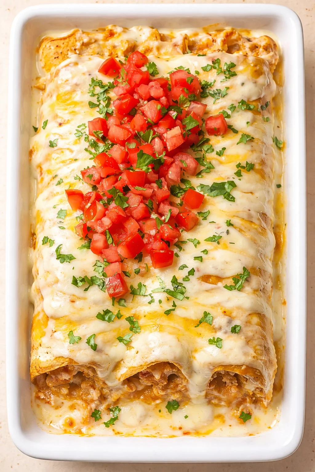Creamy cheesy chicken enchiladas in a white baking dish topped with diced tomatoes and parsley.