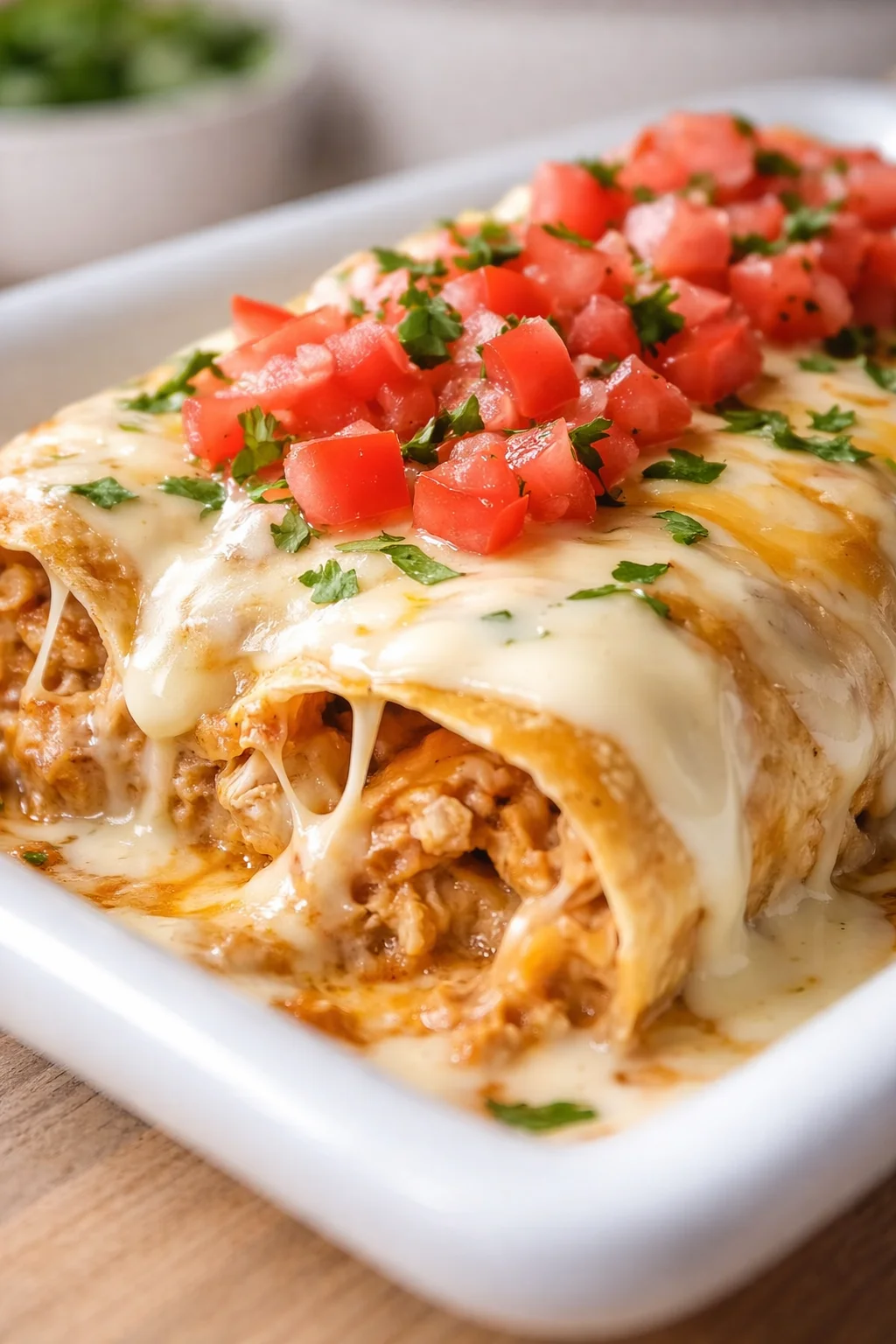 Cheesy enchiladas topped with diced tomatoes and cilantro in a white baking dish.