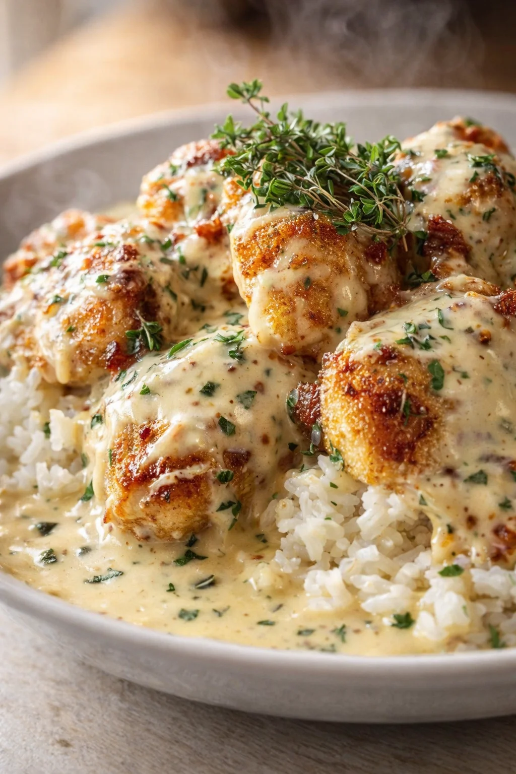 Golden-brown chicken bites smothered in creamy herb sauce over white rice, garnished with thyme.