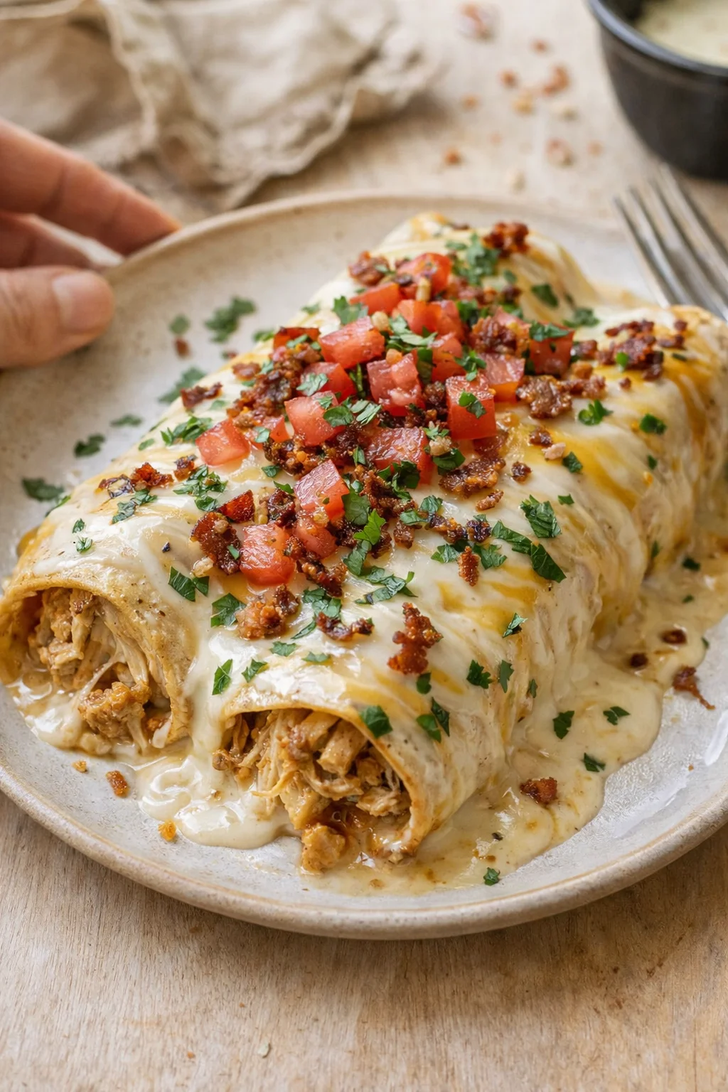 rolled chicken enchiladas covered in cheese sauce, topped with tomatoes and herbs.