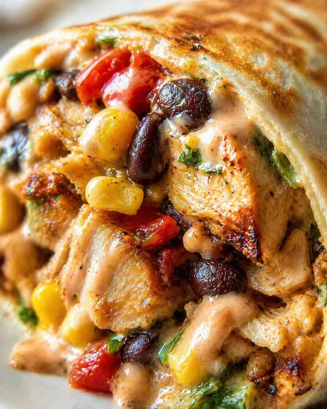 close-up of a grilled tortilla wrap filled with chicken, corn, olives, peppers, and creamy sauce.
