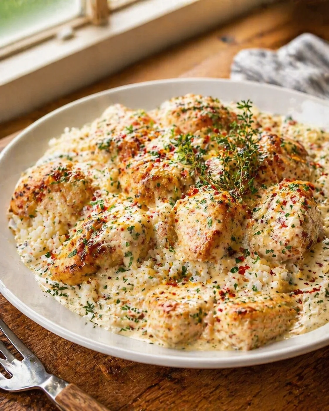 creamy herb-coated meatballs in white sauce on a white plate with thyme garnish