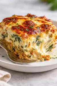 slice of creamy spinach and cheese bake with browned top on a white plate