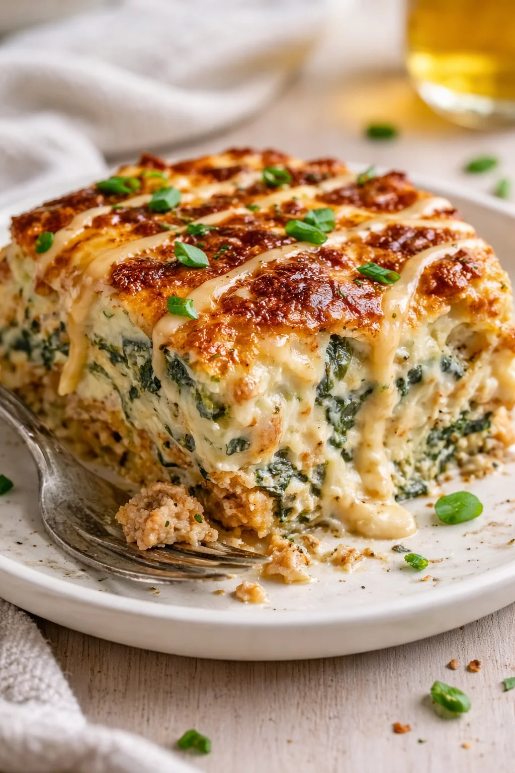 slice of creamy spinach and chicken bake with melted cheese and herbs on a white plate