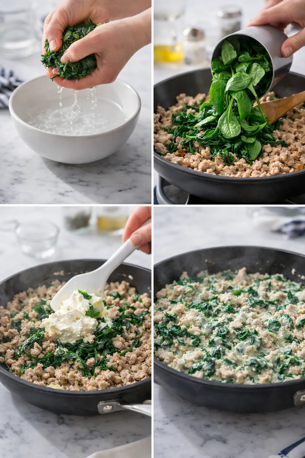 Four-panel collage showing washing greens, adding spinach to sausage, dolloping creamy cheese, and finishing creamy sauce.