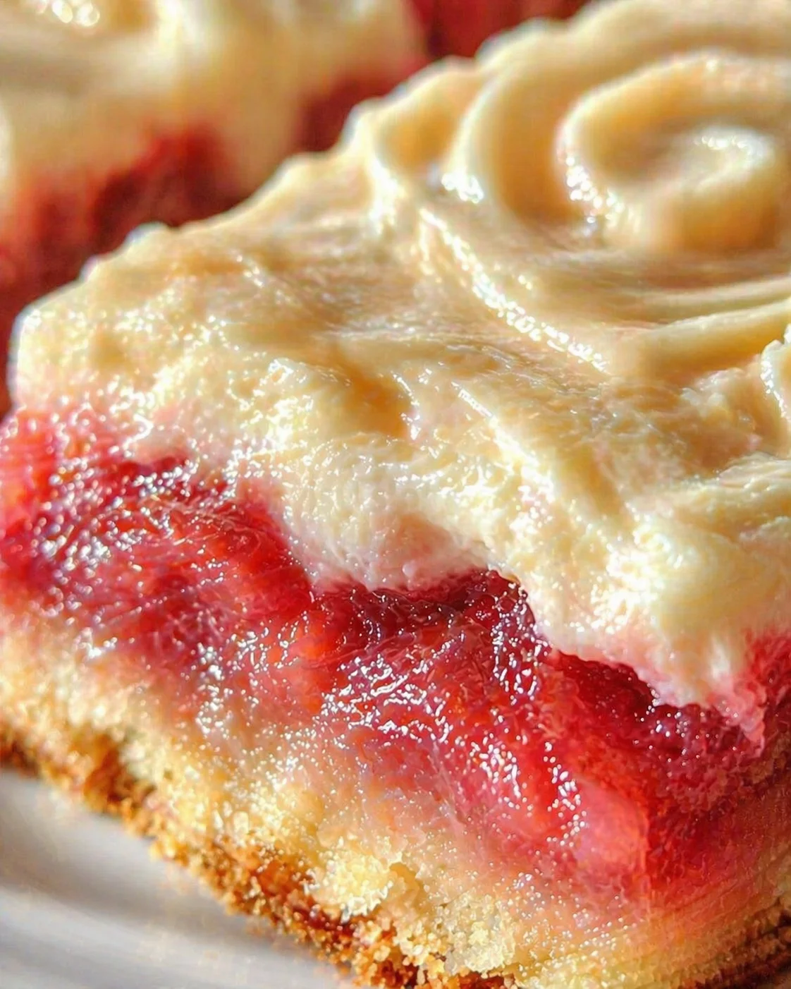close-up of a berry pie slice showing a golden crust and pale cream topping