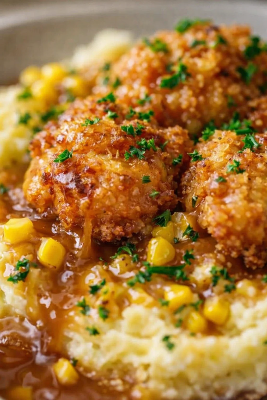Golden breadcrumb-crusted meatballs with corn and mashed potatoes in amber gravy, garnished with parsley
