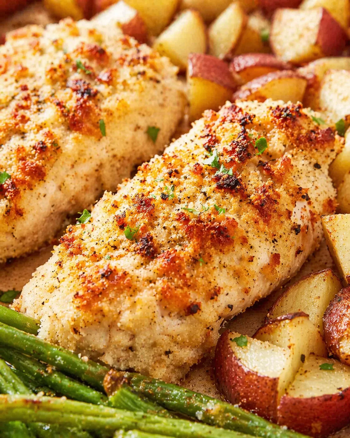 golden-brown breaded chicken breasts with roasted potatoes and green beans on a sheet-pan