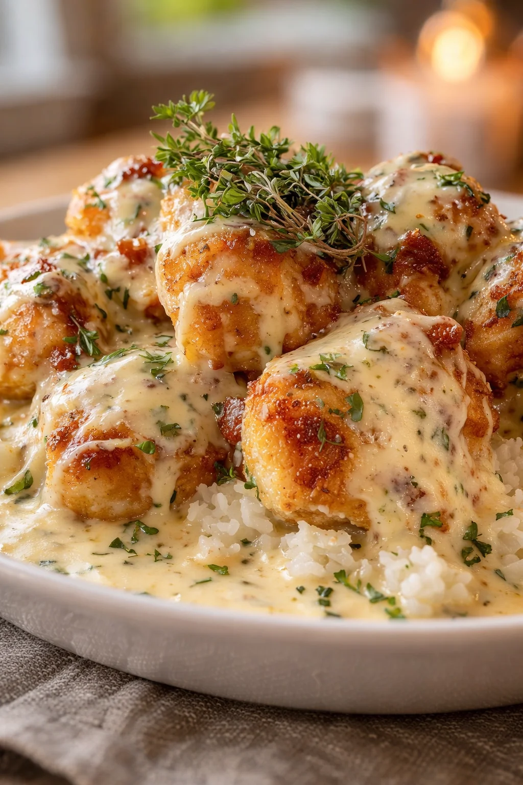 Plate of golden-brown crispy gnocchi bites topped with creamy cheese sauce and thyme.
