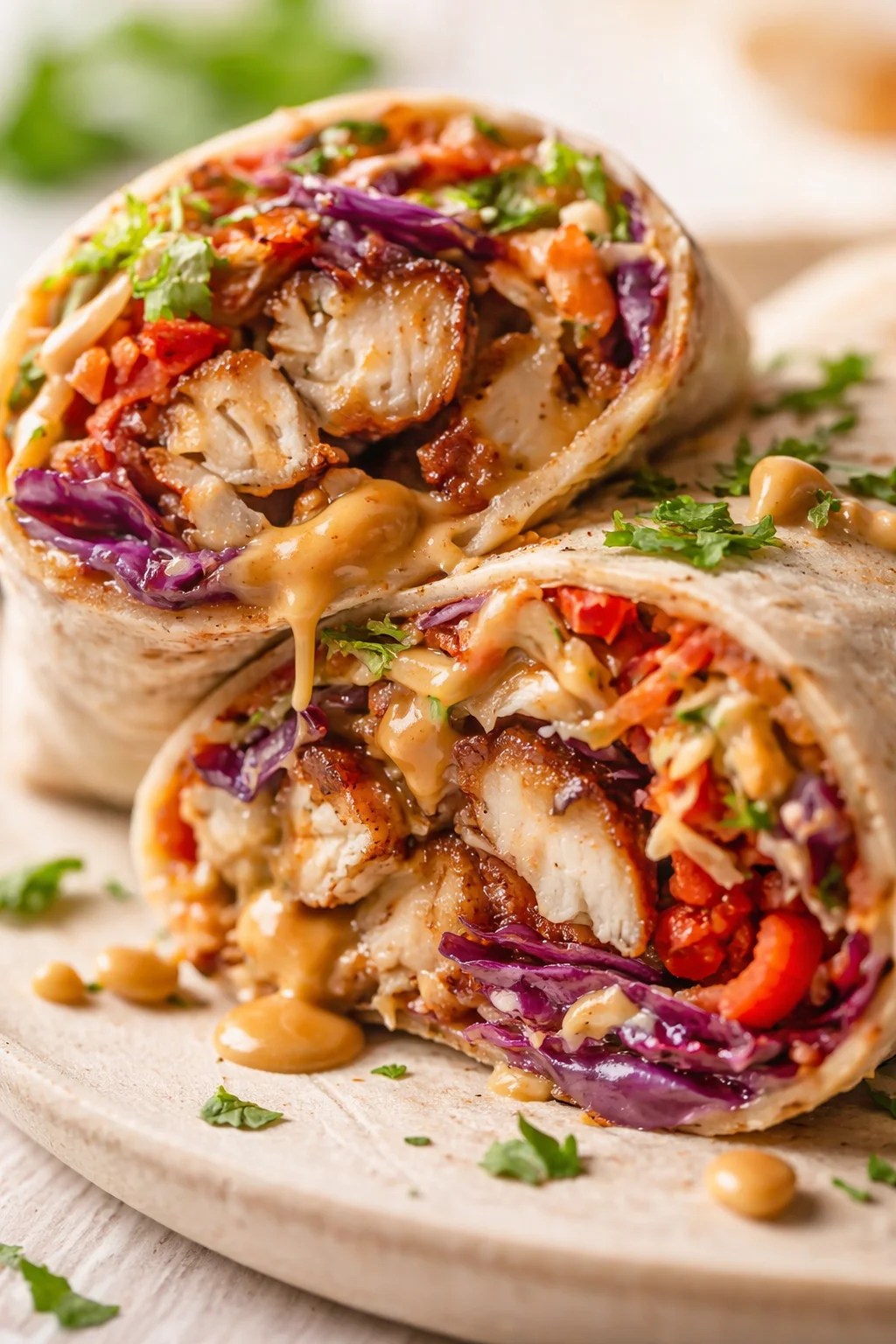 Cross-section view of tortilla burritos stuffed with crispy chicken, cabbage, peppers, and creamy sauce.