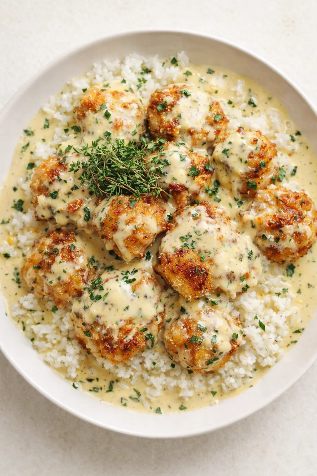 Plate of crispy chicken croquettes in creamy herb sauce over white rice, garnished with thyme.