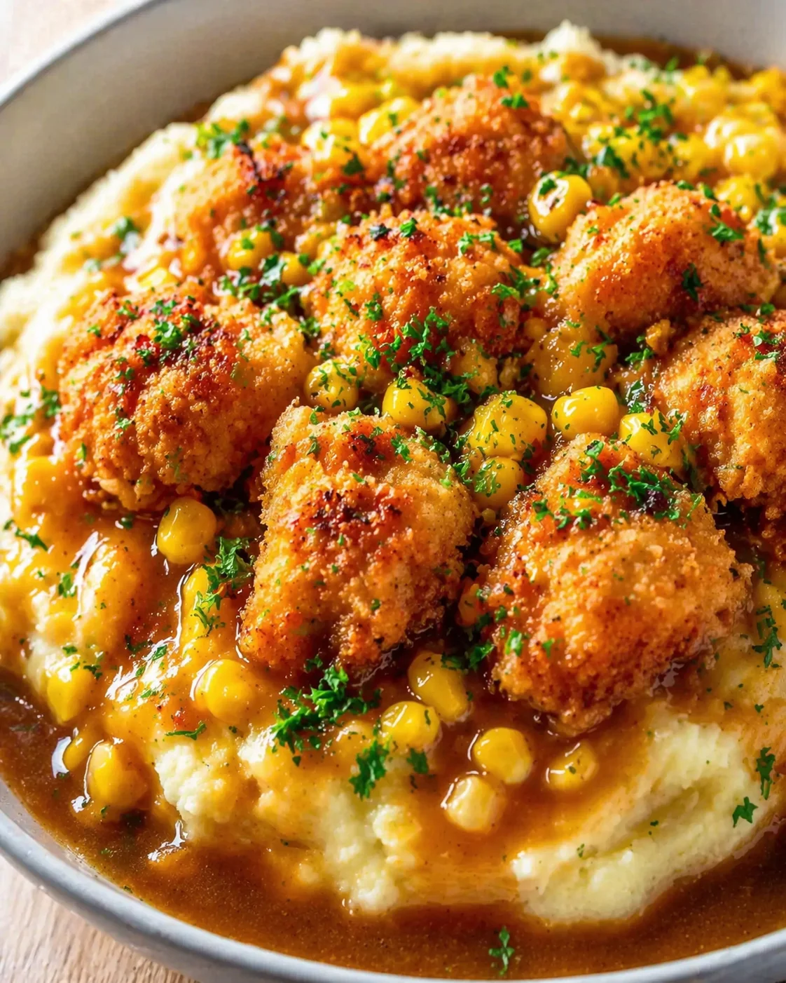 Golden-brown fried chicken over creamy mashed potatoes with corn and parsley.