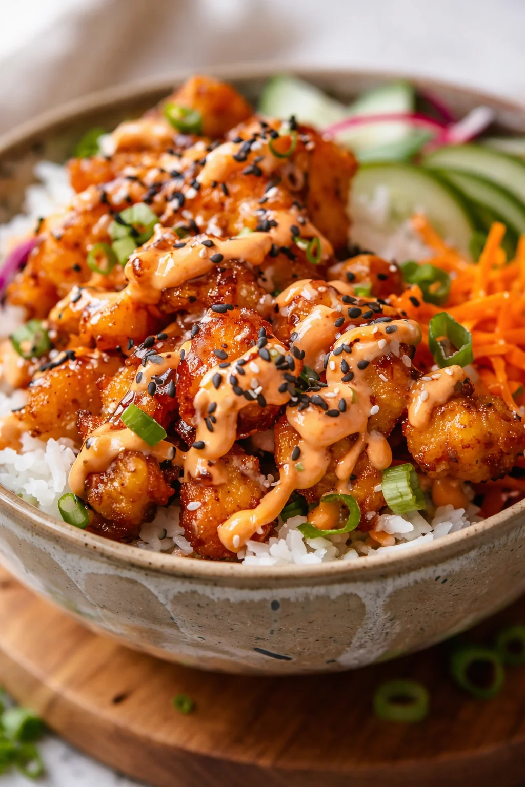 Crispy fried chicken atop white rice with gochujang mayo drizzle, sesame seeds, and cucumber ribbons.