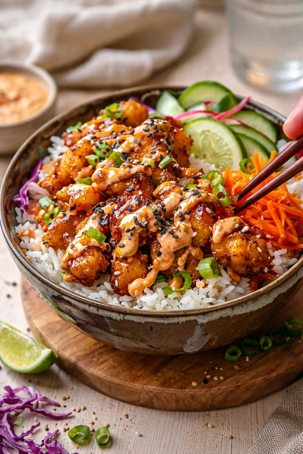 crispy chicken over white rice with sesame seeds, cucumber, carrot, scallions, and sauce in a rustic bowl