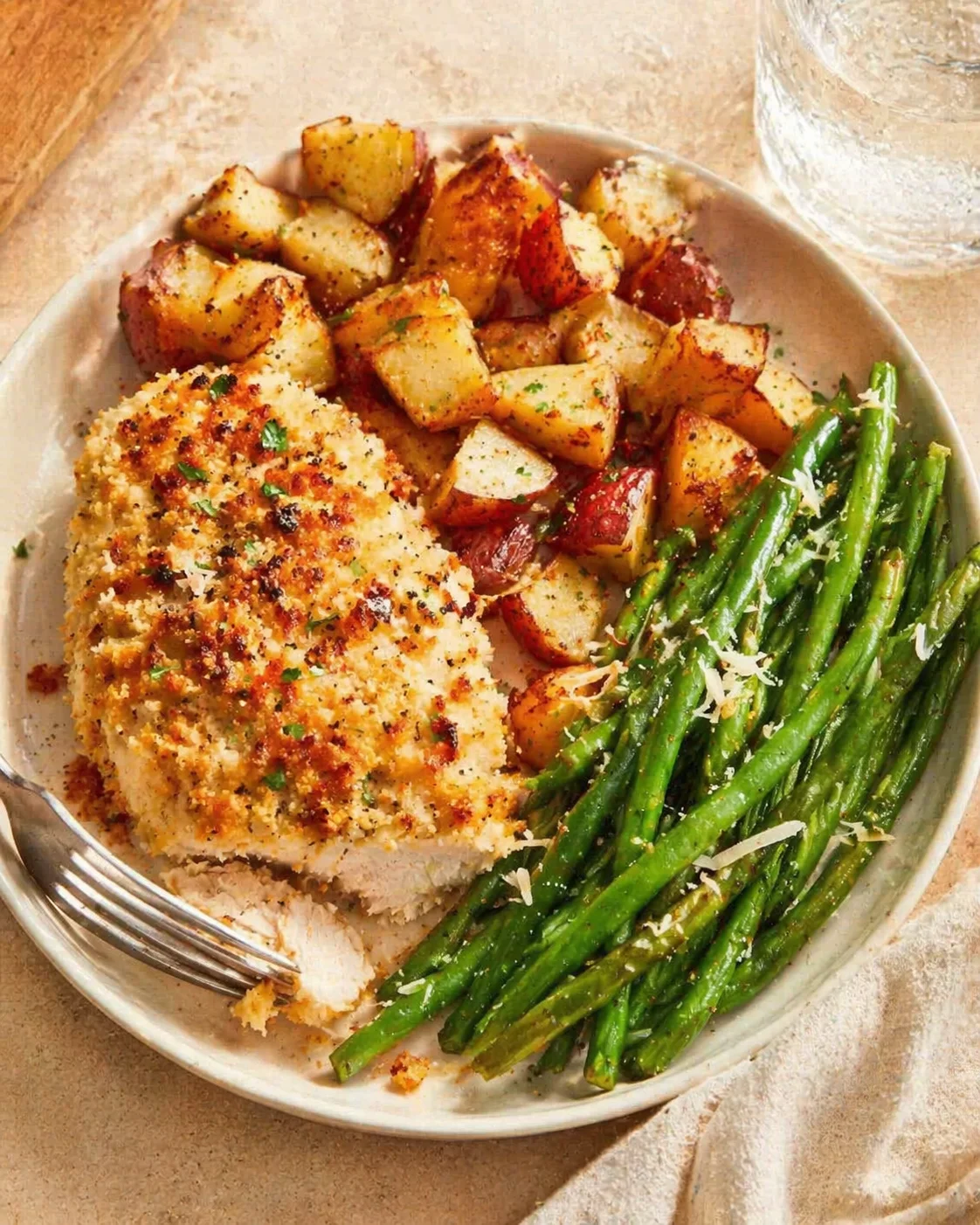 Plate with crispy parmesan-crusted chicken, roasted potatoes, and green beans on a beige dish, with a fork resting beside.