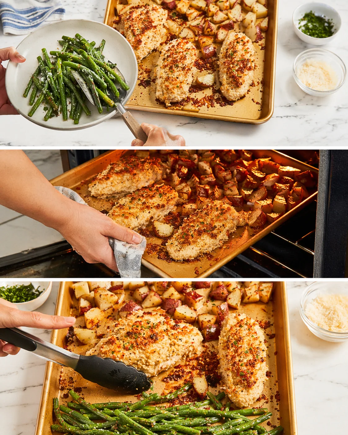 hands add green beans to a sheet pan of crispy parmesan chicken and roasted potatoes