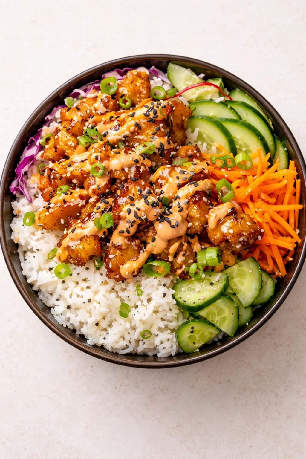 bowl of white rice topped with crispy sesame chicken, cucumber ribbons, carrot julienne, and purple cabbage
