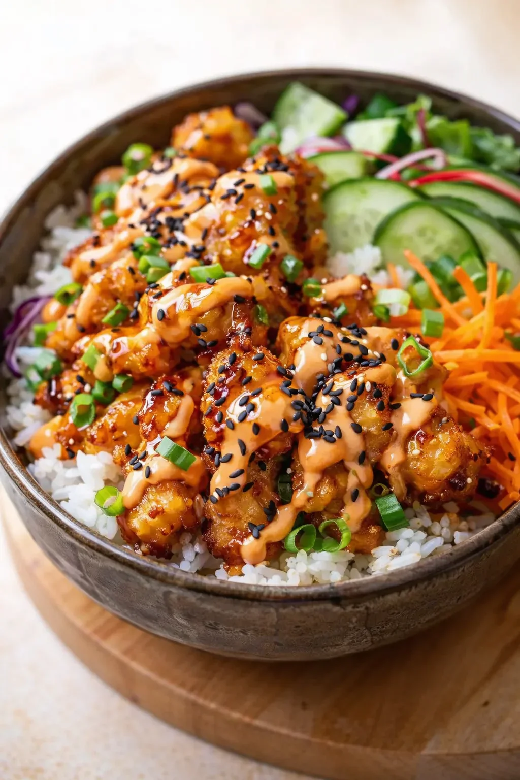 Crispy sesame chicken over white rice with cucumber slices and carrot salad in a dark bowl