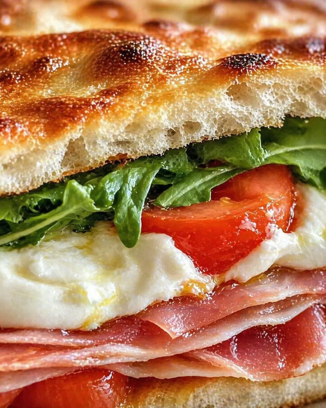 close-up of a toasted sandwich with melted cheese, ham, tomato, and fresh greens