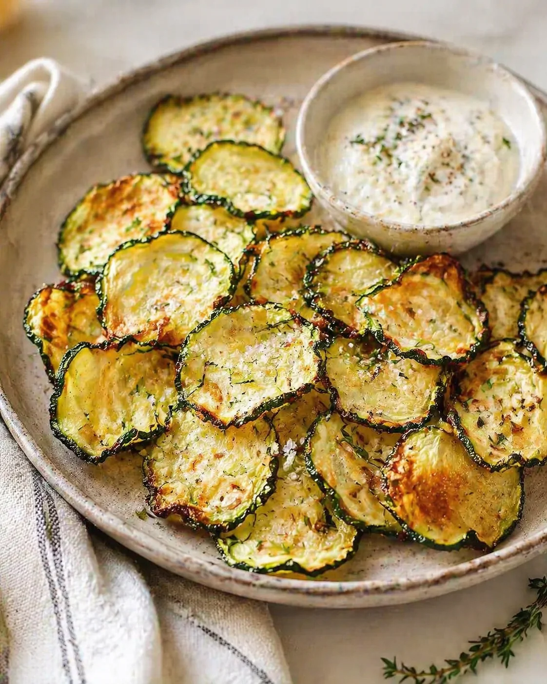 crispy baked zucchini chips arranged on a rustic plate with a small bowl of creamy herb dip