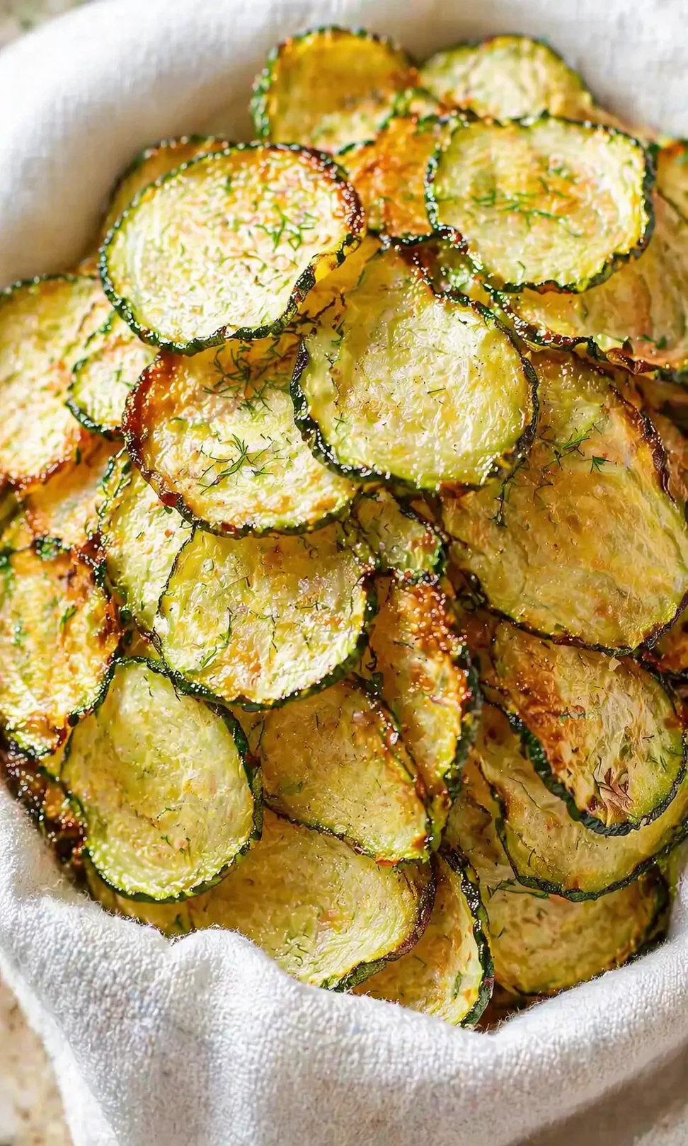 bowl of crispy baked zucchini chips sprinkled with dill on a white towel