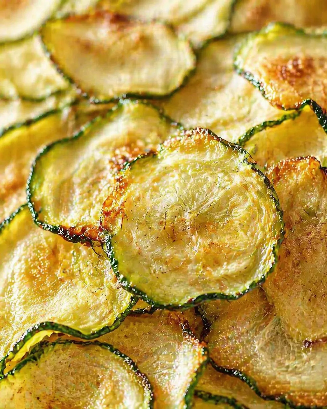 Close-up of crispy fried zucchini chips with golden edges and green rind.
