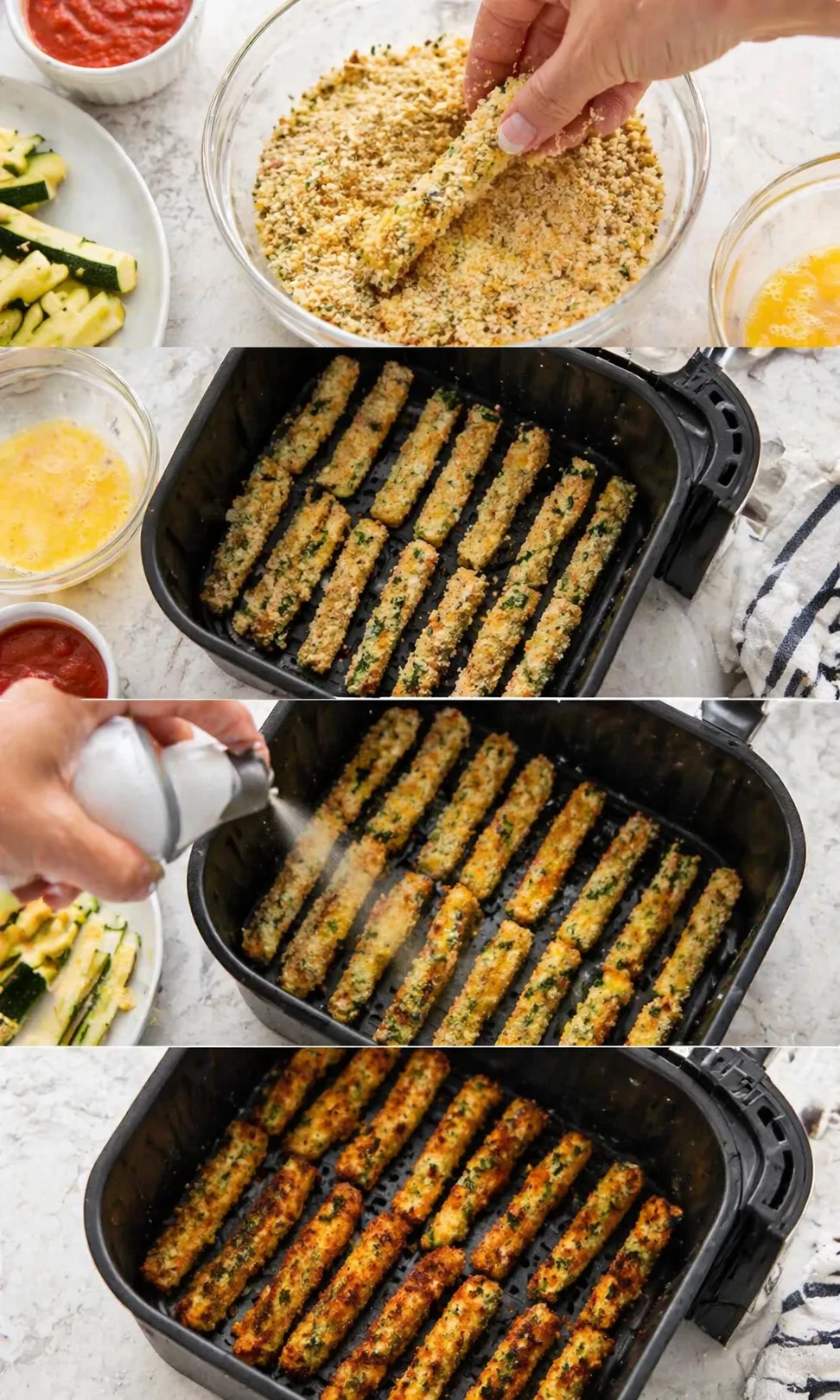 collage showing zucchini sticks being breaded and air-fried with crumb crust, zucchini slices and sauce nearby