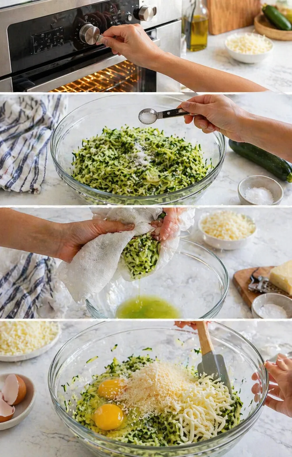 Shredded zucchini being squeezed in a towel and mixed with eggs, Parmesan, mozzarella.