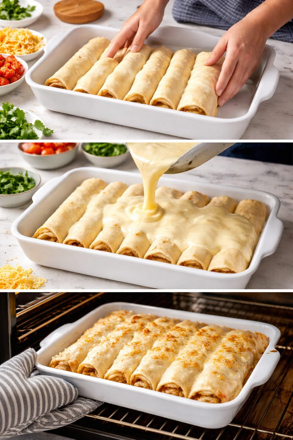 collage showing enchiladas being assembled, sauced, and baked in a white casserole dish
