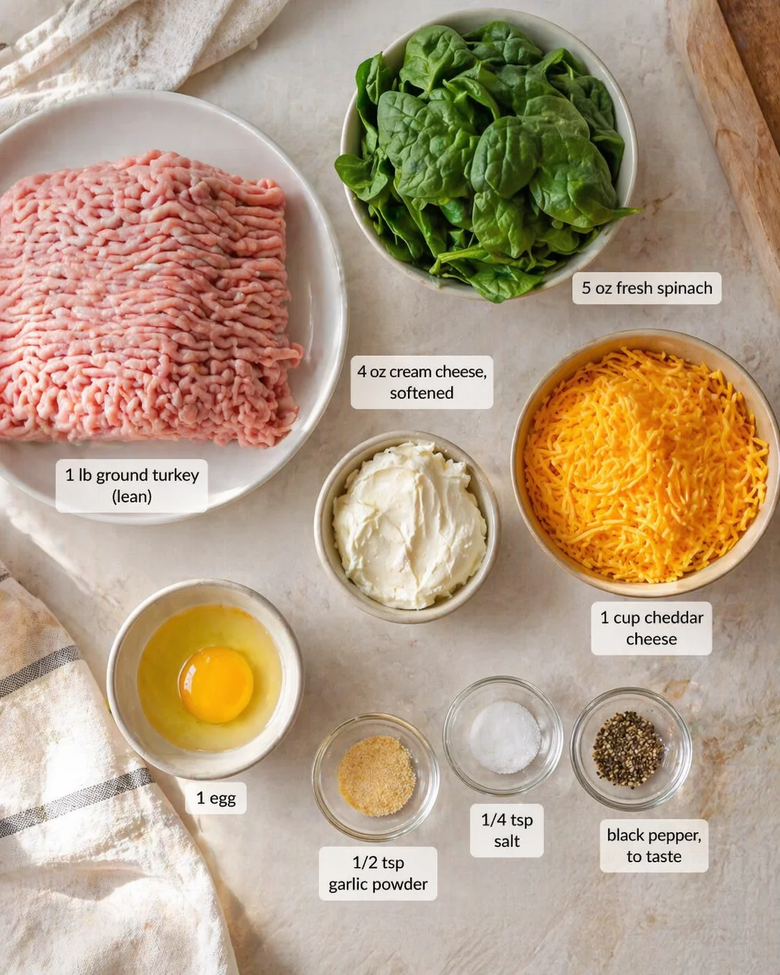 Measured ingredients arranged for High Protein Ground Turkey Casserole (Easy, Cheesy, Family-Favorite): 1 lb ground turkey (lean), 4 oz cream cheese, softened, 5 oz fresh spinach, chopped or whole, 1 cup cheddar cheese, 