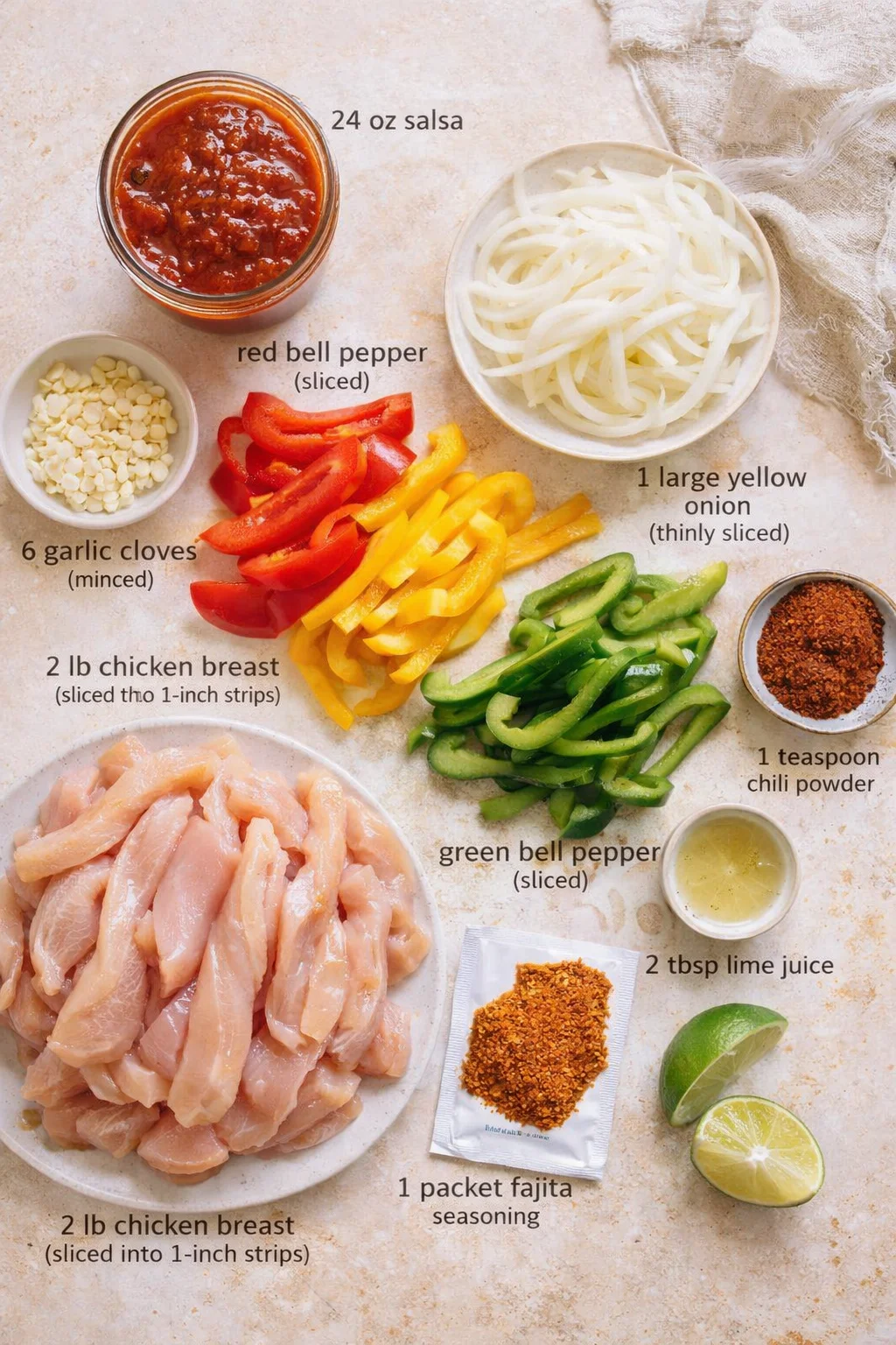 Assorted fajita ingredients arranged on a beige surface: chicken, peppers, onions, salsa, and spices.