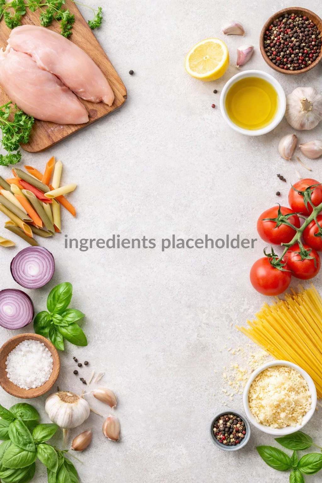 top-down flat-lay of chicken, tomatoes, pasta, garlic, lemon, herbs, and spices arranged around edges with center text reading 'ingredients placeholder'.
