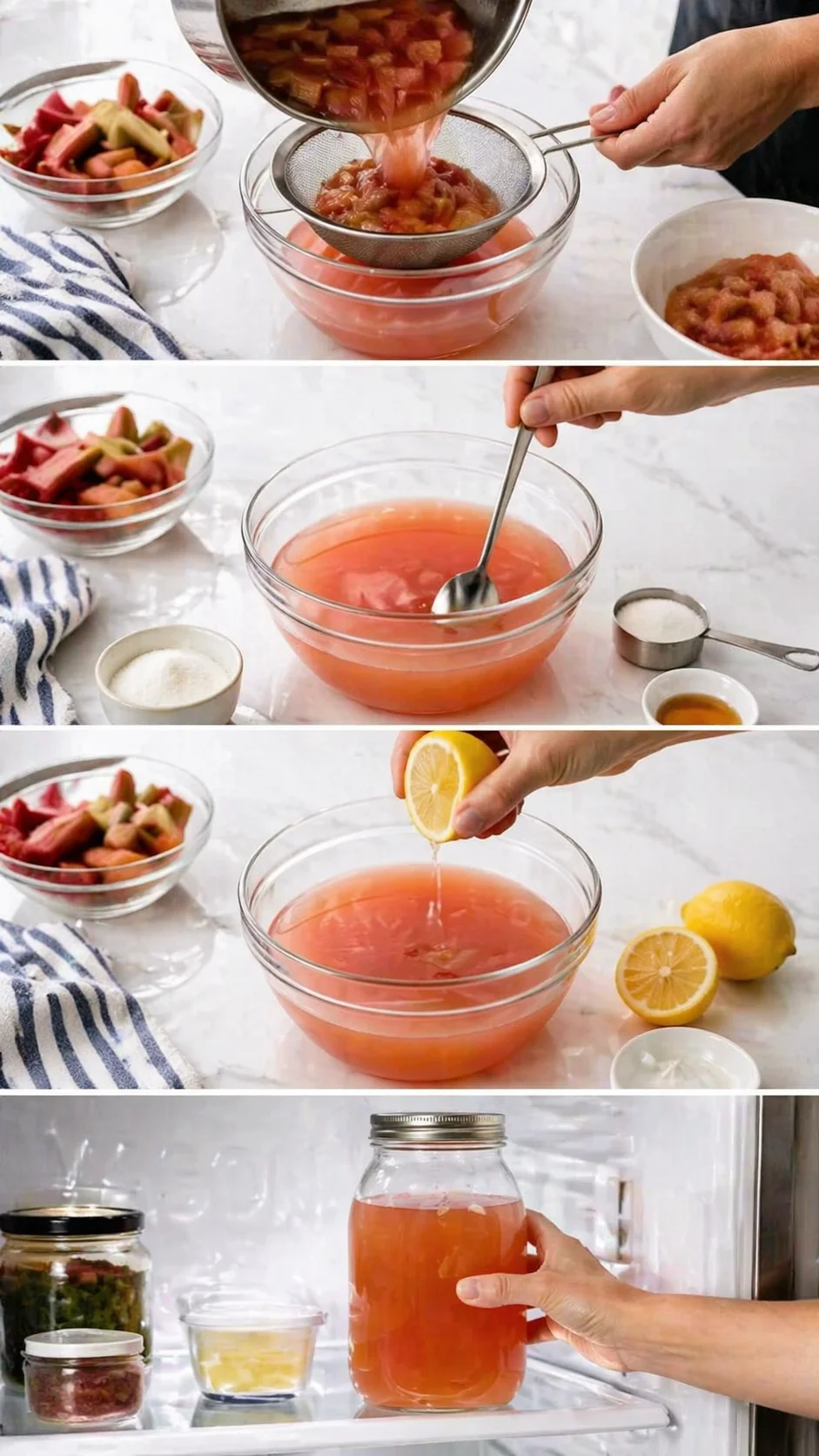 Collage of fruit juice making: straining pulp, stirring juice, lemon squeezing, and jar storage