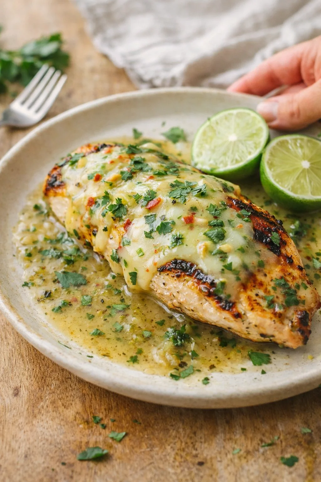 pan-seared chicken breast topped with melted cheese and chopped parsley on a plate with lime wedges