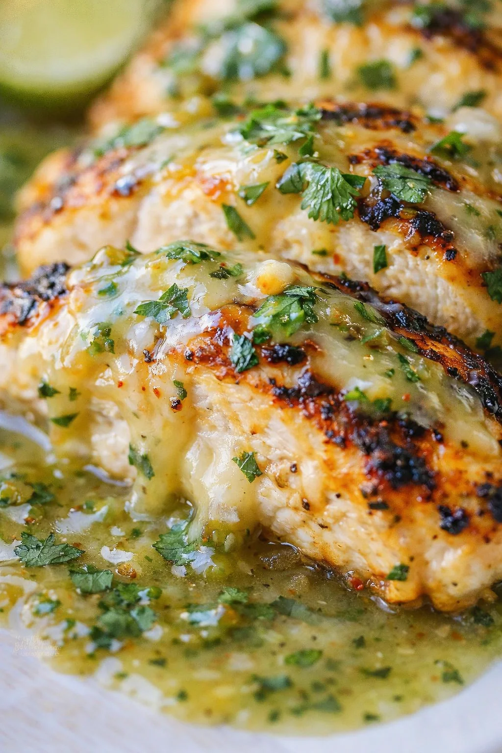 close-up of juicy chicken fillets topped with melted cheese and fresh herbs in a green sauce