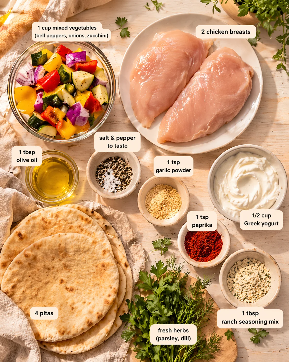 Top-down view of ingredients for chicken pitas: chicken breasts, diced vegetables, yogurt, spices, pita.