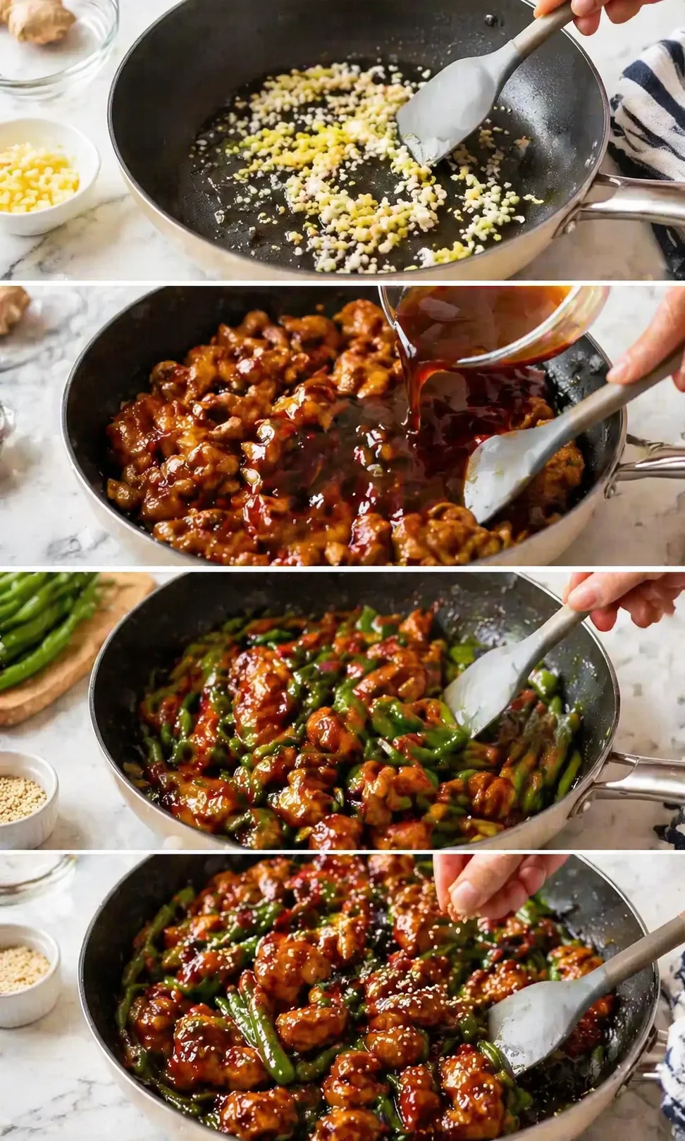 Collage showing sautéed aromatics, saucy chicken, and green beans in a skillet.