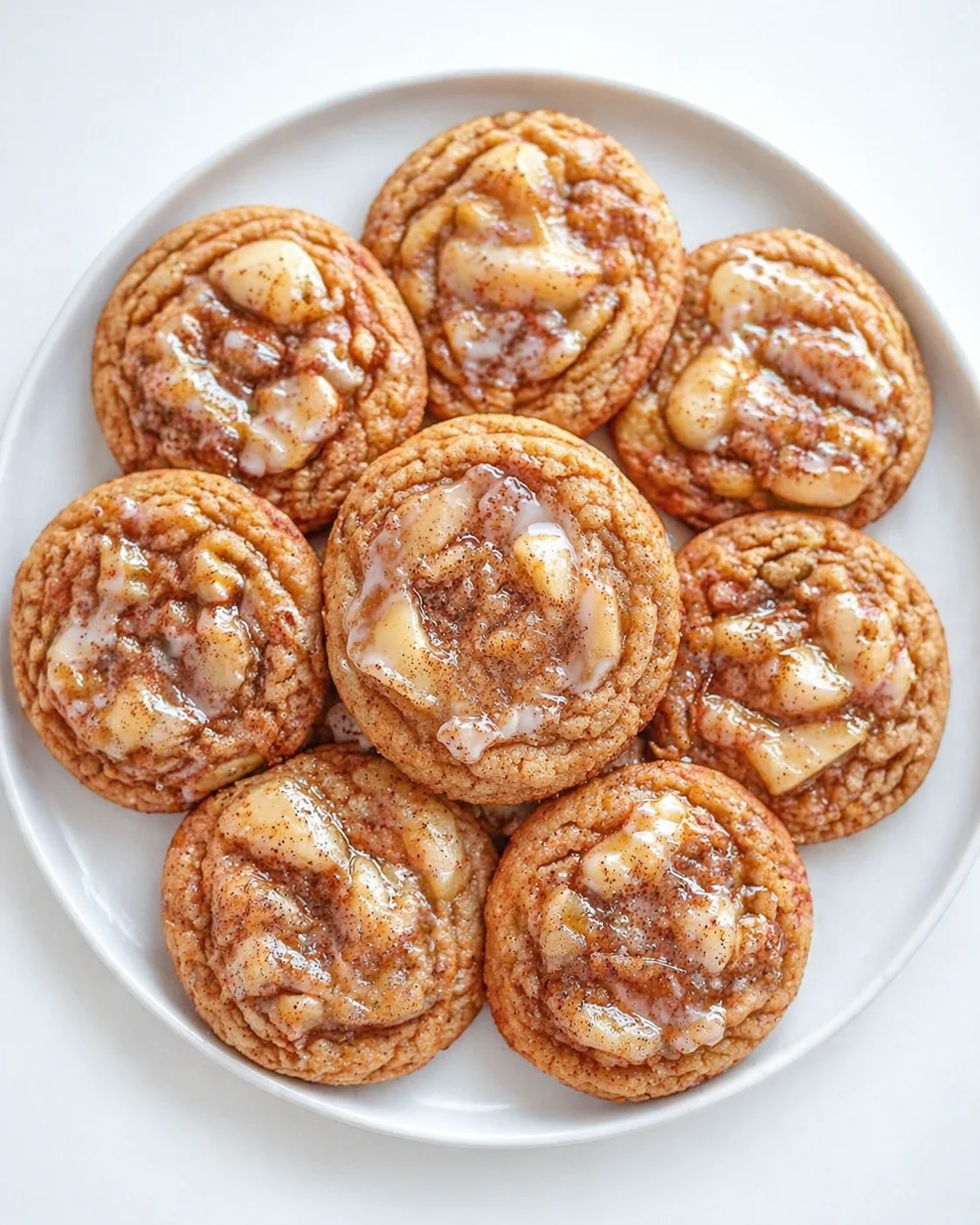Eight golden-brown cinnamon rolls with vanilla glaze on a white plate.